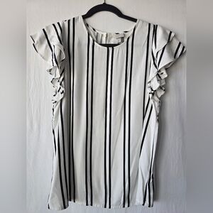 A New Day Striped Ruffle Sleeve Blouse White Black Vertical Stripe Top Medium